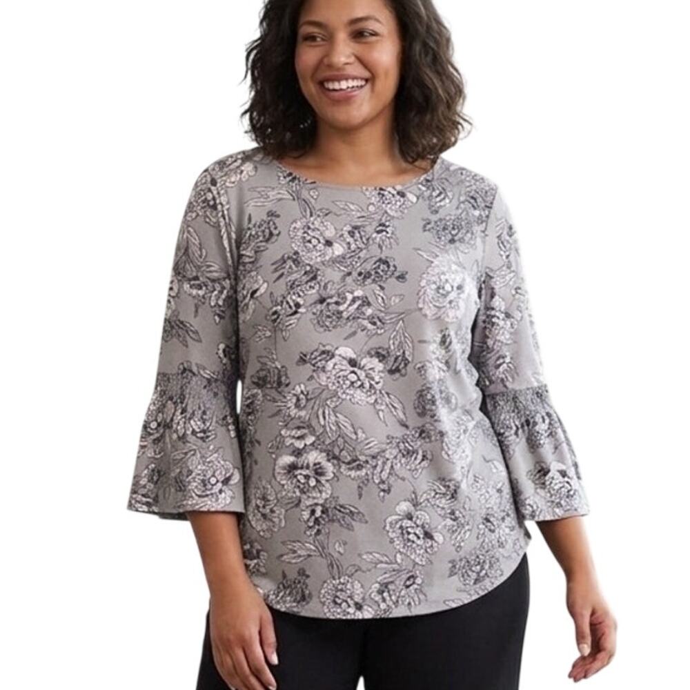 J. Jill Bell Sleeve Knit Top Womens Medium Gray Floral Cotton Modal Casual